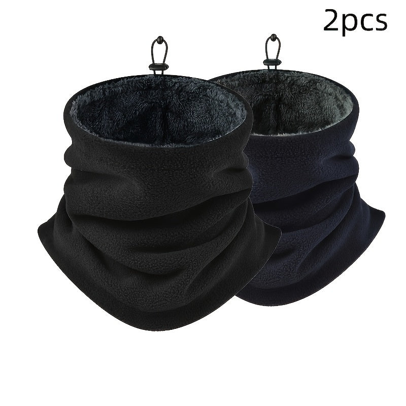 Two pieces of men's warm neck gaiter scarves made of polyester knit material. They are breathable and windproof with a soft fleece lining, suitable for winter cycling and outdoor activities. The scarves come in a solid color and should be hand washed