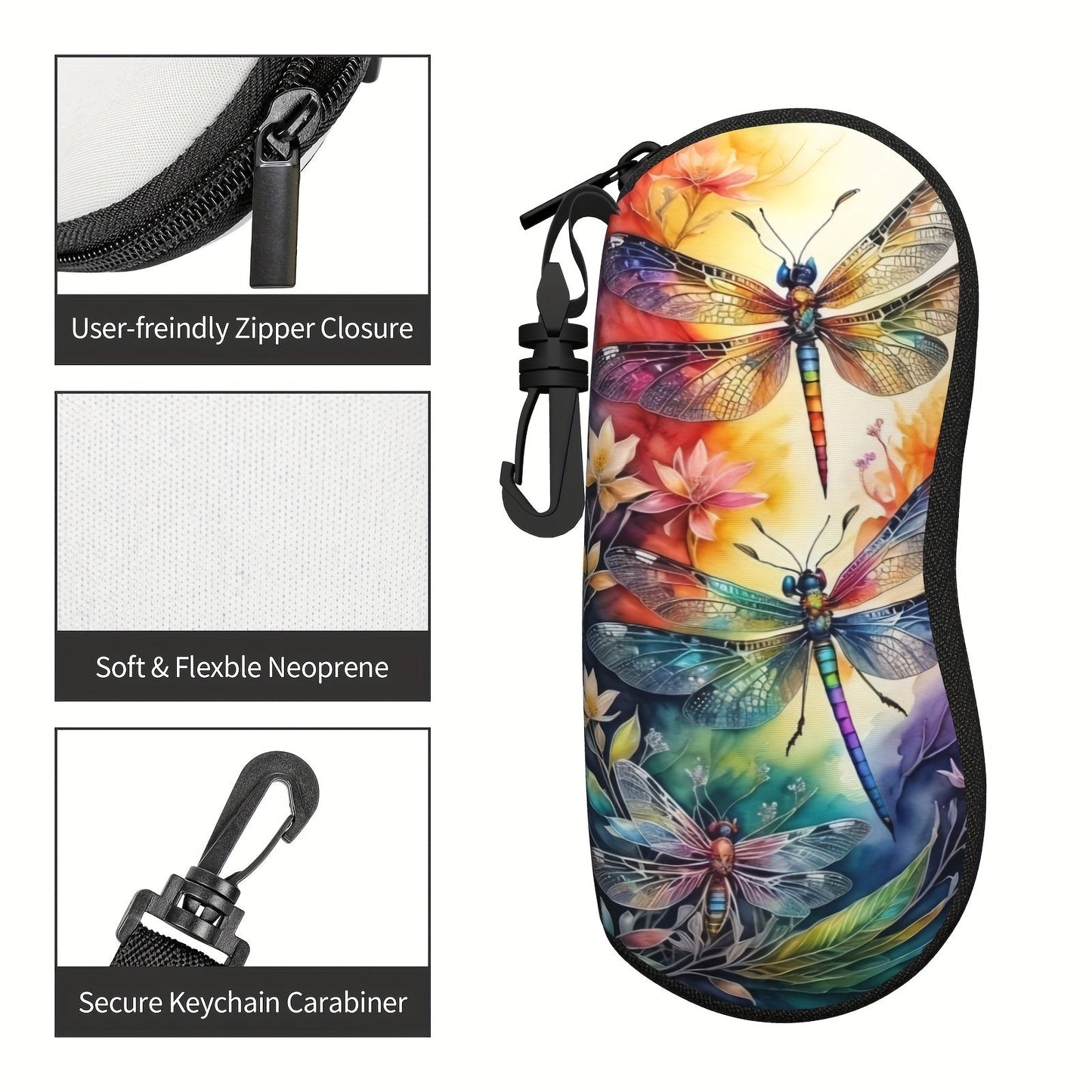 Protect your glasses in style with the Dragonfly Art Neoprene Glasses Case. This durable and soft rubber pouch features a zipper for easy access and a clip for portable convenience. Perfect for both men and women, this protective holder will keep your