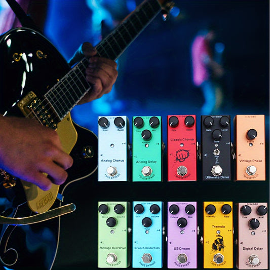 Professional single block guitar effects including distortion, overdrive, delay, tremolo, and chorus. Powered by a DC 9V adapter (not included).