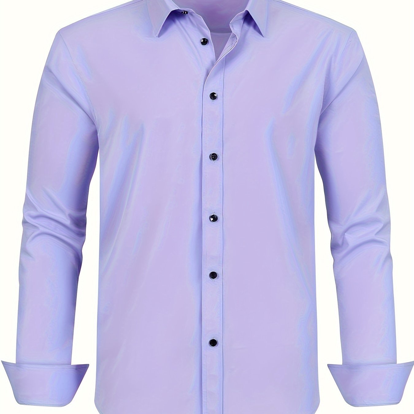 Men's plus size dress shirt in solid color with square collar, regular fit, made from all-season polyester with slight stretch. Features button details and woven fabric, weighing 120g/m².