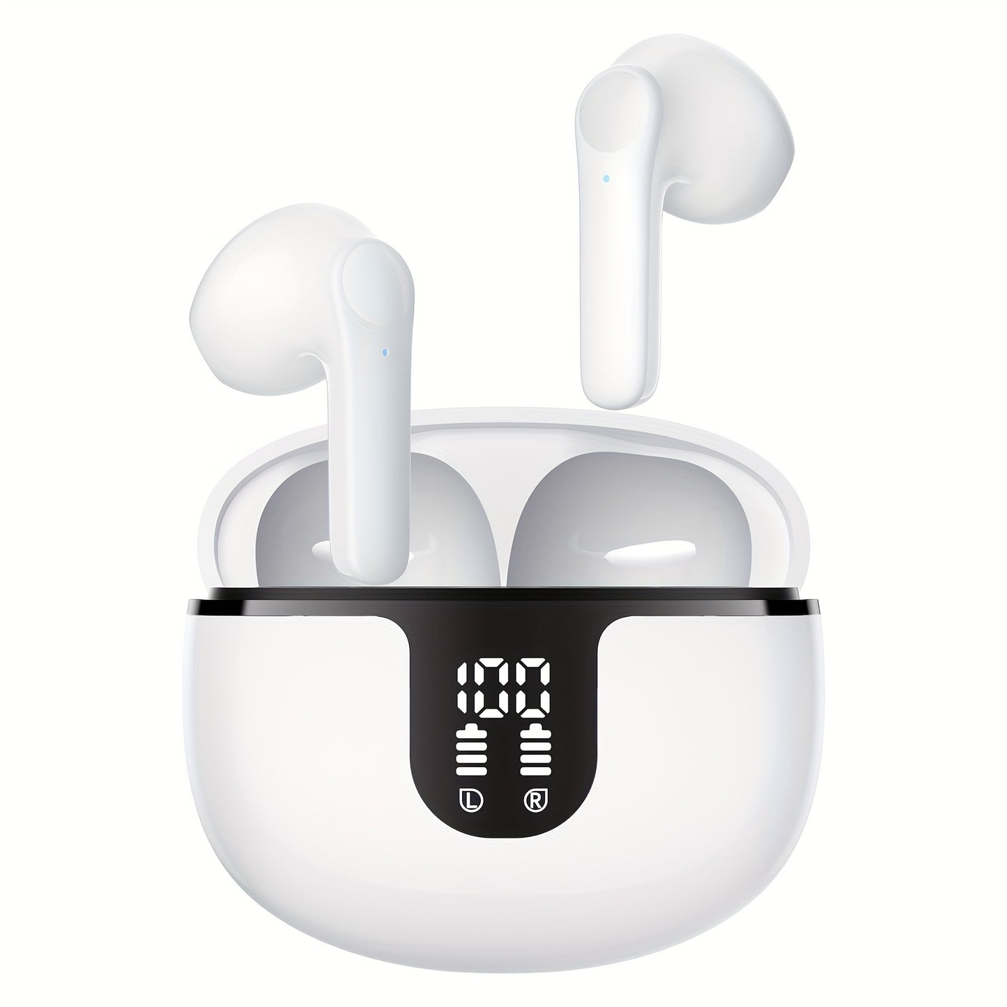 Wireless earbuds with 40 hours playtime, LED power display, microphone for iOS and Android phones.