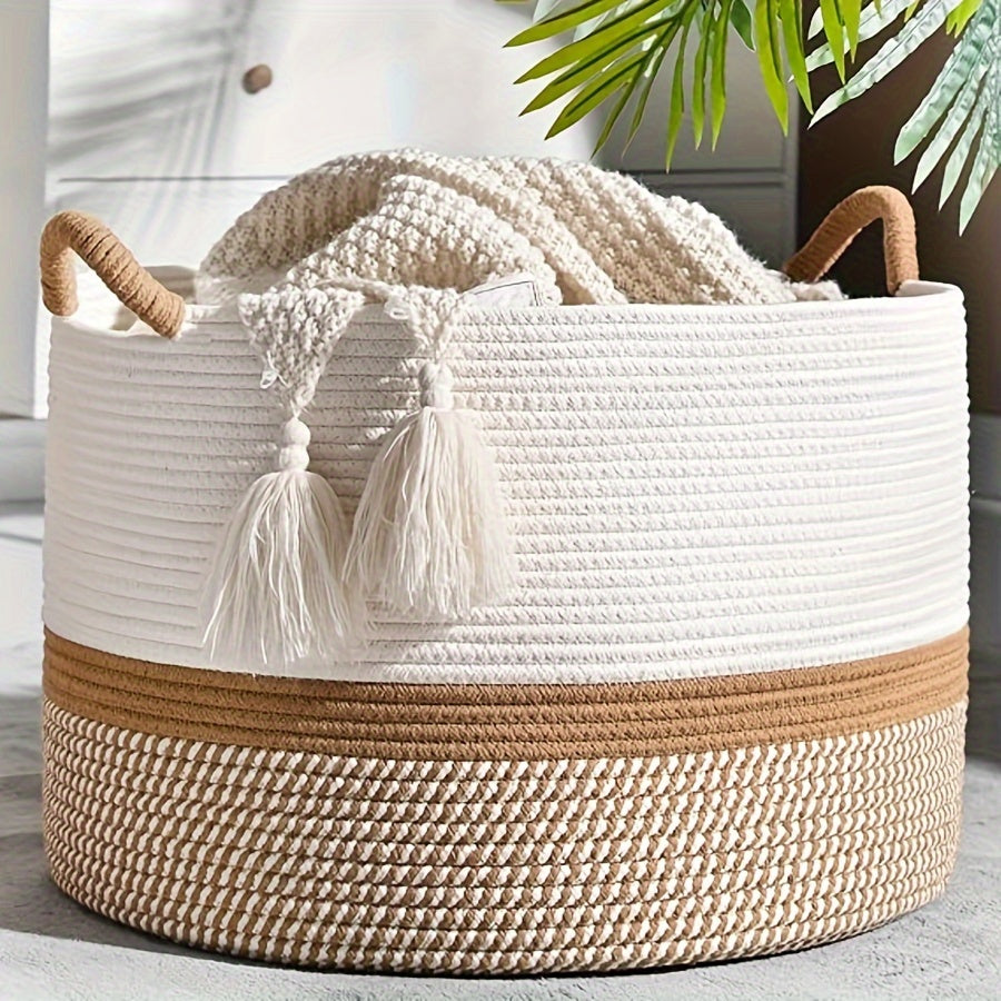 1 woven basket for storage, available in 4 colors; suitable for laundry, living room, nursery, pillows, and toy chest.