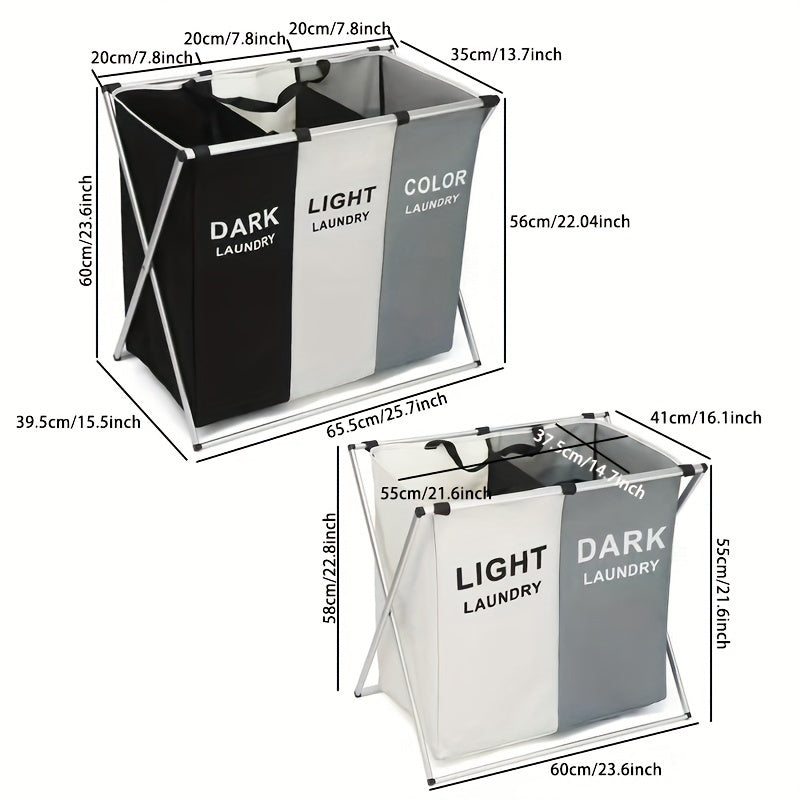 Durable foldable laundry hamper with large capacity and 2/3 compartments, made of aluminum & Oxford cloth. Easy to assemble with utility hooks.