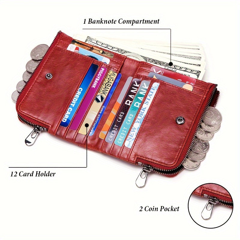 Large capacity multi-function clutch wallet made of genuine leather with zipper pocket and snap closure, suitable for casual style. Dry clean only, no printing, and edge painted.