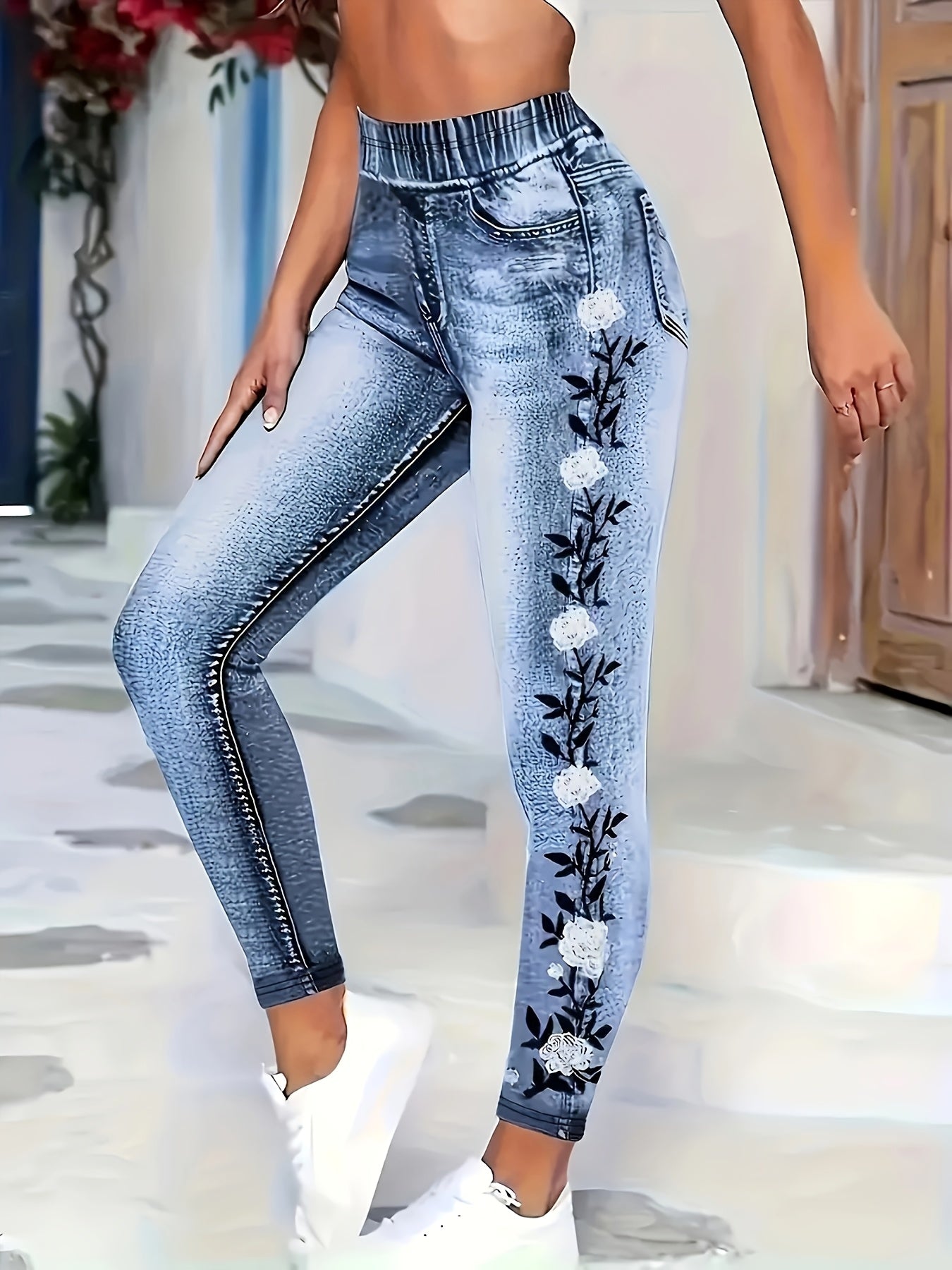 Women's stylish cowboy floral print high waist skinny jeans, versatile stretch leggings for every season.