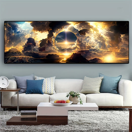 Stunning modern art canvas print featuring a dramatic sky, white clouds, and mountain landscape. Frameless oil painting for living room, bedroom, or home office decor. Abstract nature-inspired wall art.