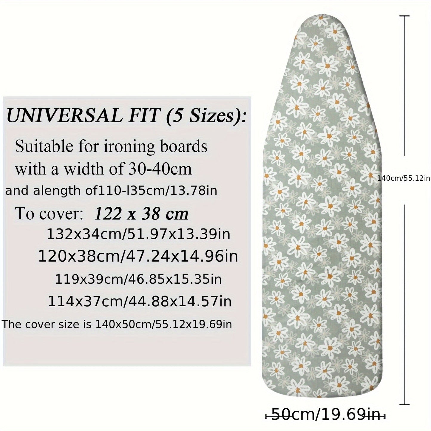 MZXcuin Ironing Board Cover with Extra Large Floral Design, 139.7cm x 50.8cm, Secure Fit with Drawstring, Enhanced with Thick Felt Padding, Resistant to Scorching - Light Green with White Flowers and Yellow Centers