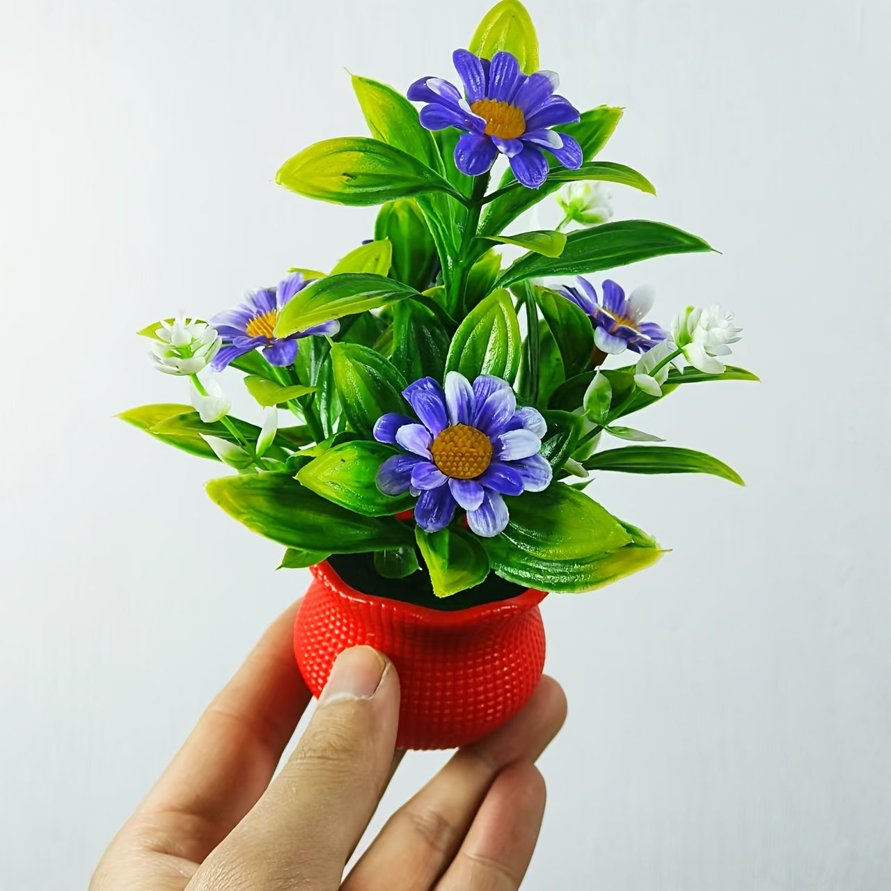 3 mini artificial potted plants with vibrant red pots - perfect for home, office, kitchen, and special occasions.