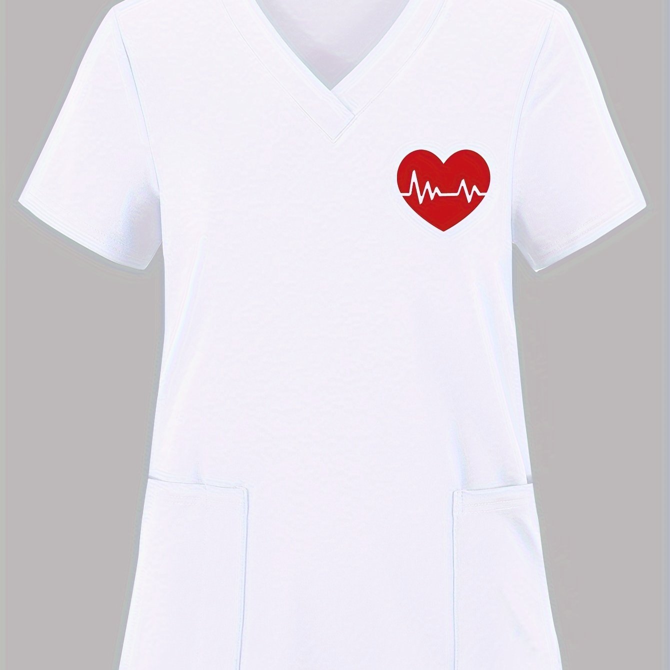 Vintage-inspired heart pattern v-neck scrub top for women's nurse uniform with side slits, pockets, and stretchy polyester blend. Machine washable.