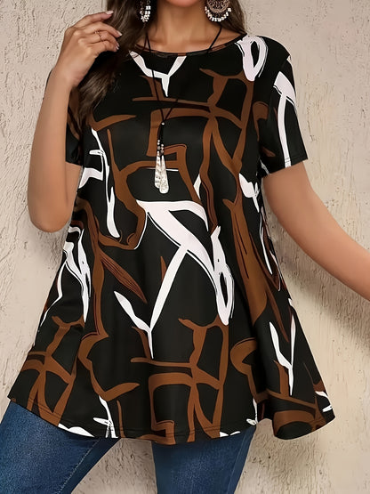 Elegant Random Print Short Sleeve T-Shirt for Women - Polyester, Crew Neck, Slight Stretch, All Seasons, Knit Fabric, 180 g/m²