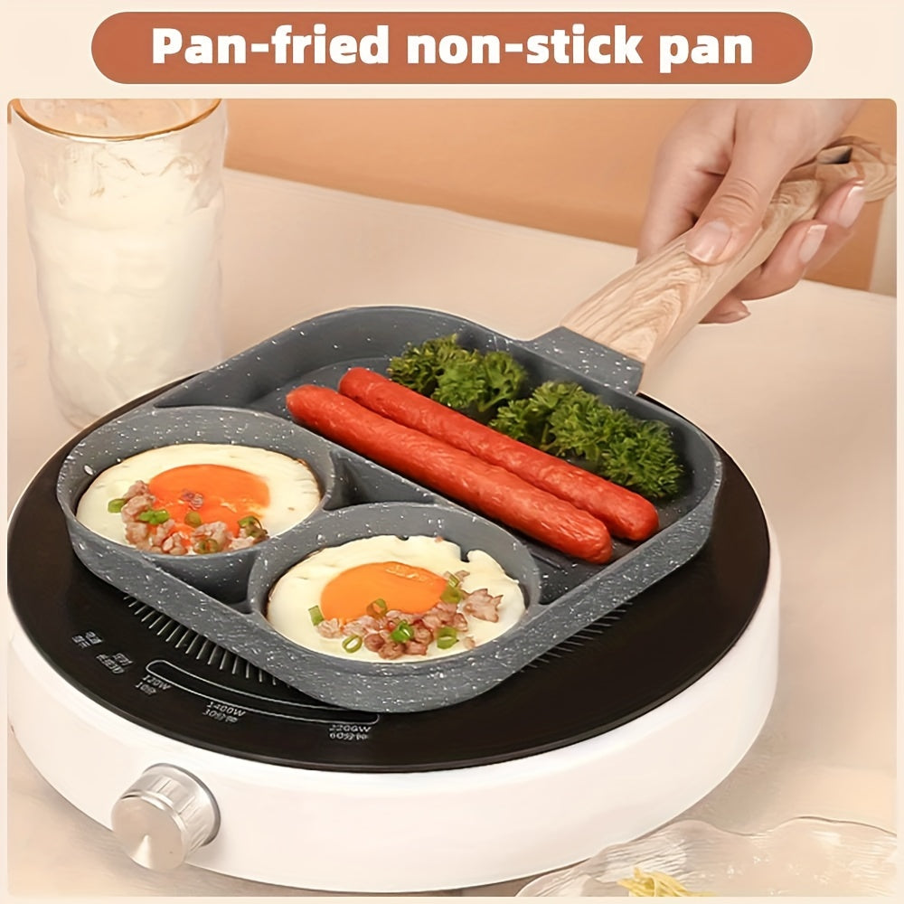 Kitchen accessory: Non-stick aluminum omelet pan with a wooden handle. Perfect for pancakes, bacon, and burgers. Hand wash only. Compatible with gas stove and induction cooker. Perfect breakfast pan.