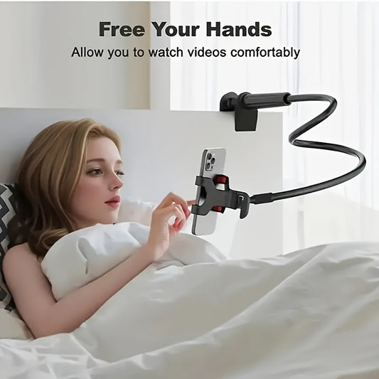 Adjustable gooseneck phone stand with 360° rotation, flexible long arm clamp for bed or desk, fits smartphones up to 13.97cm. Waterproof PVC material with easy one-hand installation.