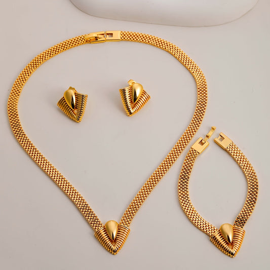 Vintage Tribal Style Geometric V-Shaped Jewelry Set - Includes Necklace, Bracelet, and Earrings, Made of 18K Golden Plated Copper. Perfect for Weddings, Banquets, and All Seasons Gift Giving.