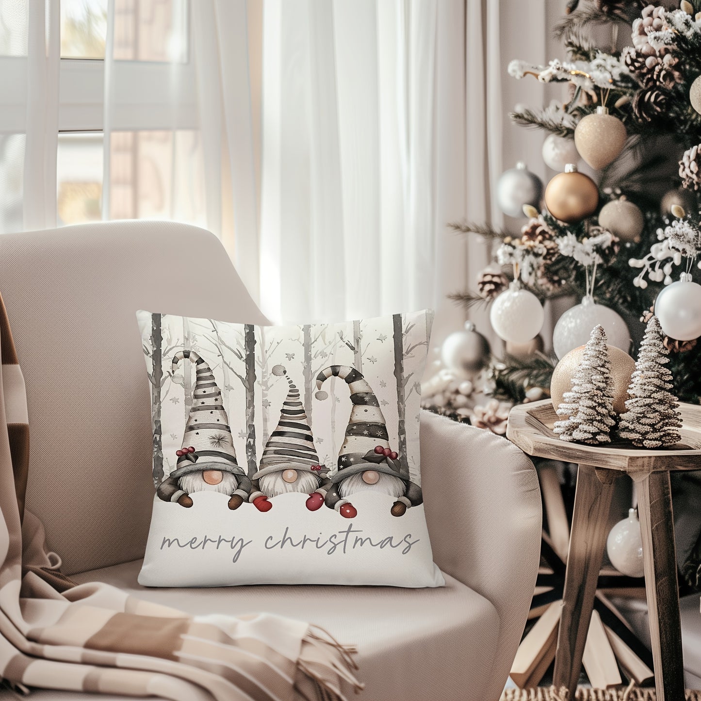 Rustic farmhouse Christmas pillow covers set with gnome snowflake tree design, hand washable polyester, zipper closure. Available in 2 sizes: 29.97cm x 50.04cm & 44.96cm x 44.96cm. Perfect for sofa, couch, living room, and bedroom decor. Pack of 1.