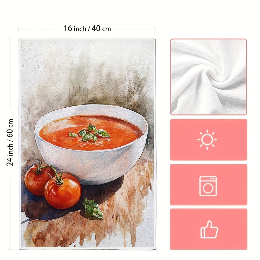 Get 2-piece Ultra Soft Kitchen Towels - Made of Highly Absorbent Polyester, these Machine Washable Dish Hand Towels feature a Tomato Soup & Basil Design. Measuring 40.64x60.96 cm, they are Perfect for Holiday Decor and Dish Towels.