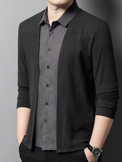 Men's two-piece color-blocked casual shirt with long sleeves and a collared neckline.