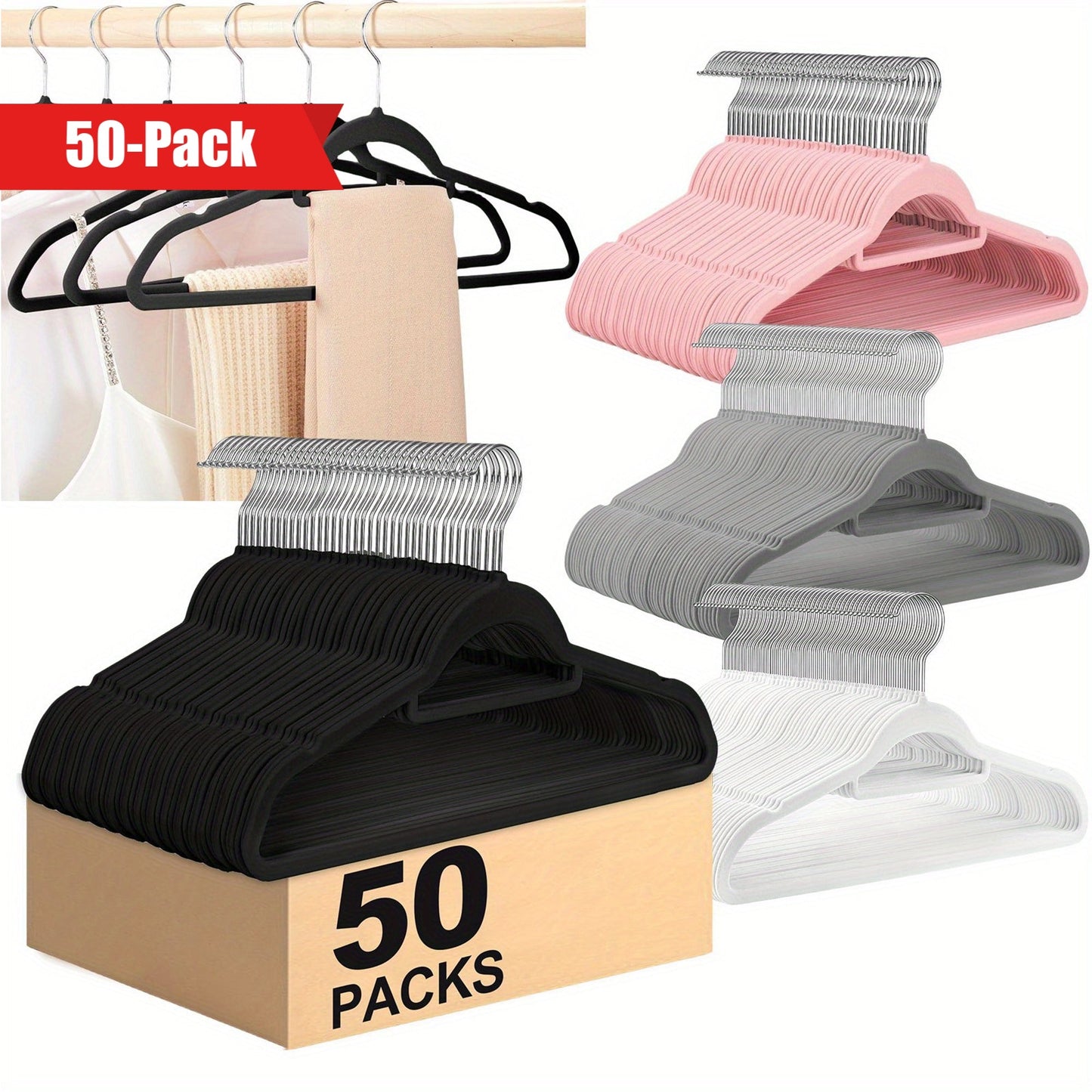 Get organized with a 50-pack of velvet hangers featuring a convenient tie bar, non-slip flocked felt design. These heavy-duty hangers are perfect for coats, pants, dresses, suits, and more, making them essential for home organization and storage.