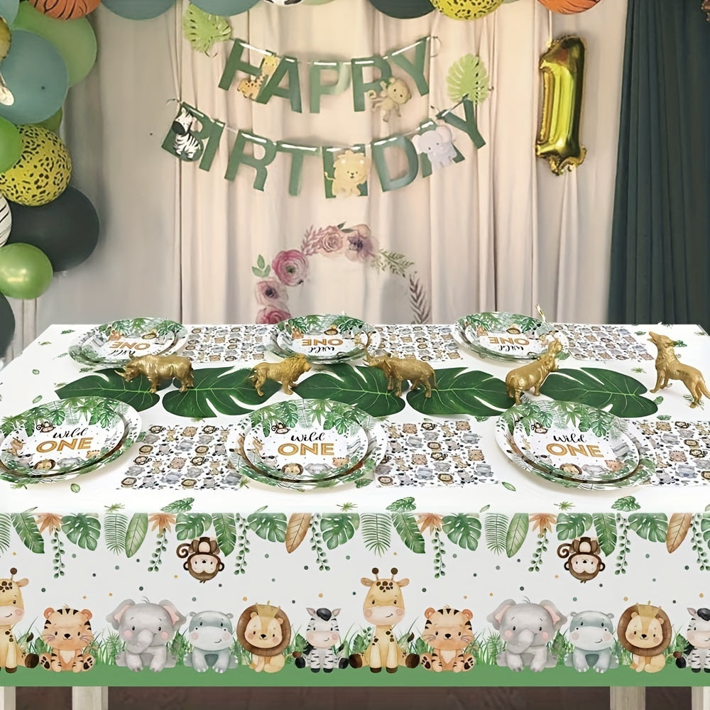 Celebrate with 68 pieces of Wild One birthday decorations! This Jungle theme party set includes paper plates, cups, and napkins, perfect for a 1st birthday celebration. Add some fun animal jungle decorations to your party table with this dinnerware set.