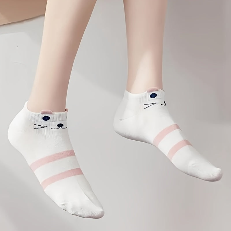 5 pairs of cute cartoon cat print ankle socks for women, soft and comfy