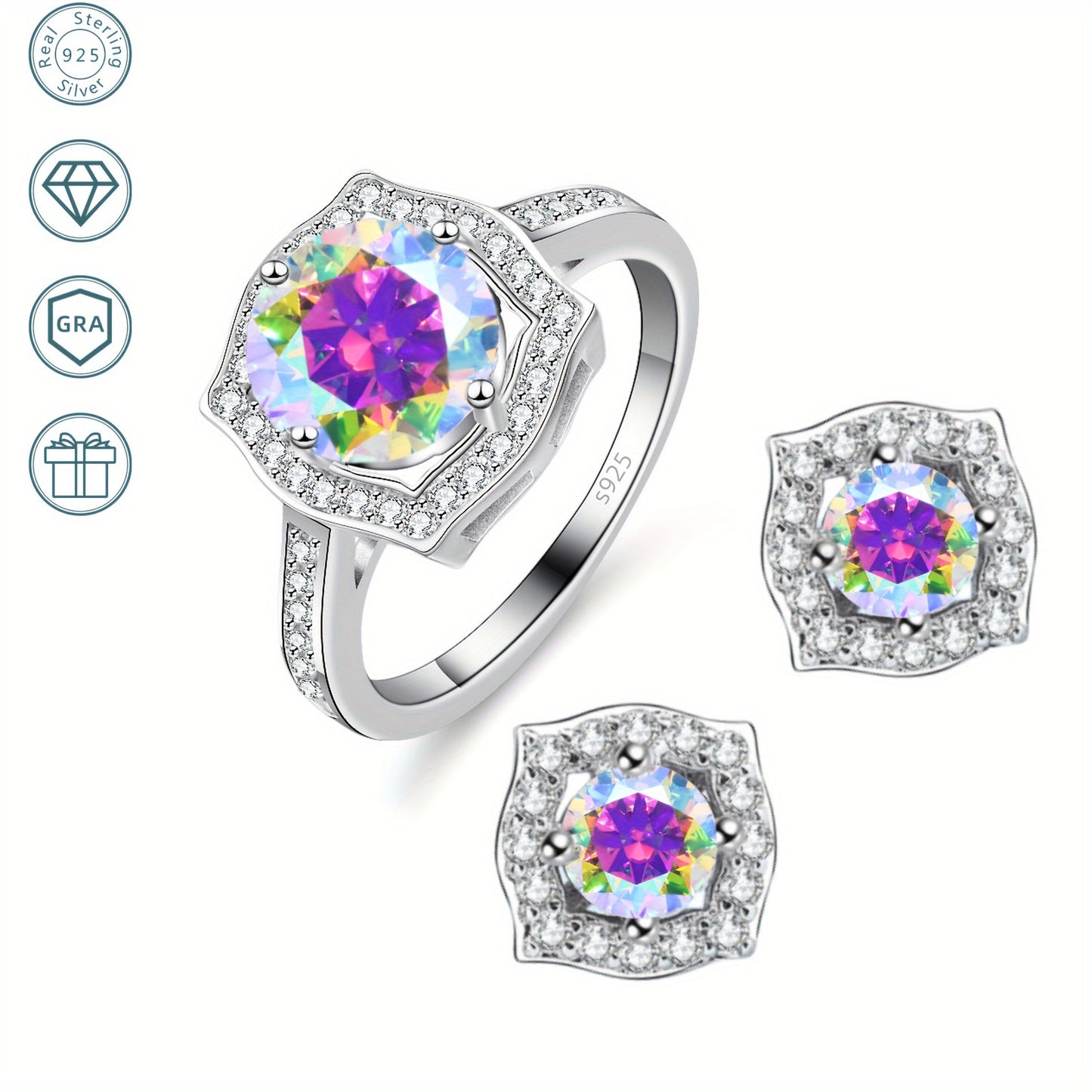 3-piece set of high-quality jewelry from Gems Lady, featuring a 2-carat Moissanite ring and two 1-carat Moissanite ear studs. Made of hypoallergenic S925 sterling silver, this set comes in a gift box and is perfect for weddings, parties, and as a stylish