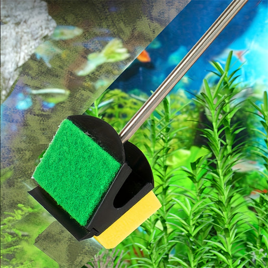 Long-handled dual-sided aquarium cleaning brush with stainless steel algae scrubber for fish tank walls and water.