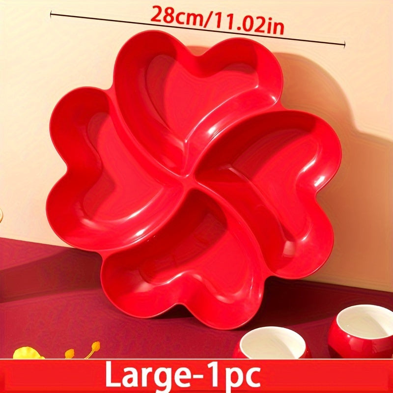 Heart-shaped 4-section plastic snack serving tray, perfect for parties and events, suitable for all seasons, can hold nuts, candy, dried fruits, and salads. Ideal for weddings, engagements, and Diwali celebrations.