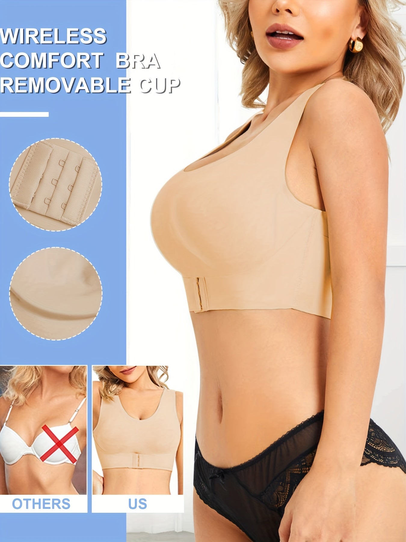 Seamless full coverage push-up bra with front buckle and criss-cross back.