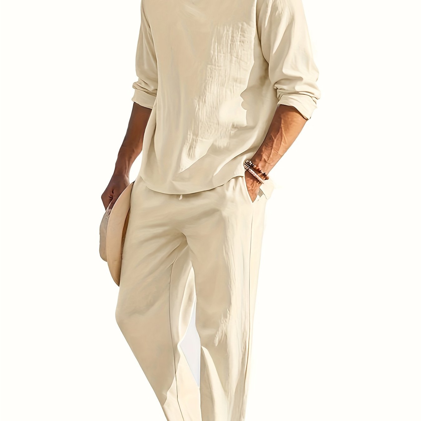 2024 European and American Men's Two-Piece Leisure Set with V-neck Commuting Suit and Solid Color Long Sleeve Trousers.