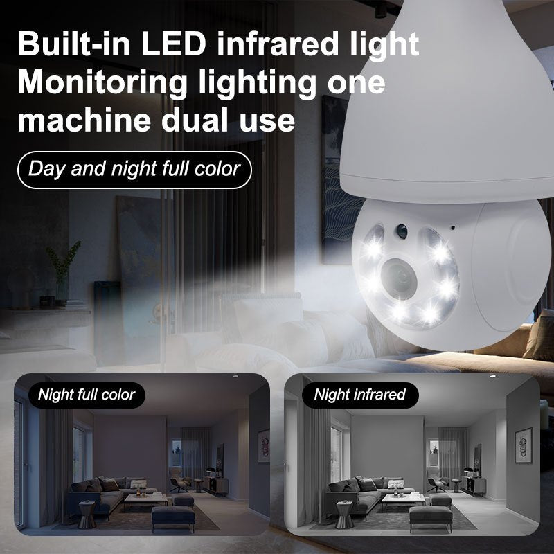 2MP WIFI wireless light bulb camera with intelligent safety features. This indoor and outdoor camera is equipped with 2.4GHz WiFi connectivity and fits in a standard E27 light bulb socket. The PTZ function allows for full 360 degree rotation, making it