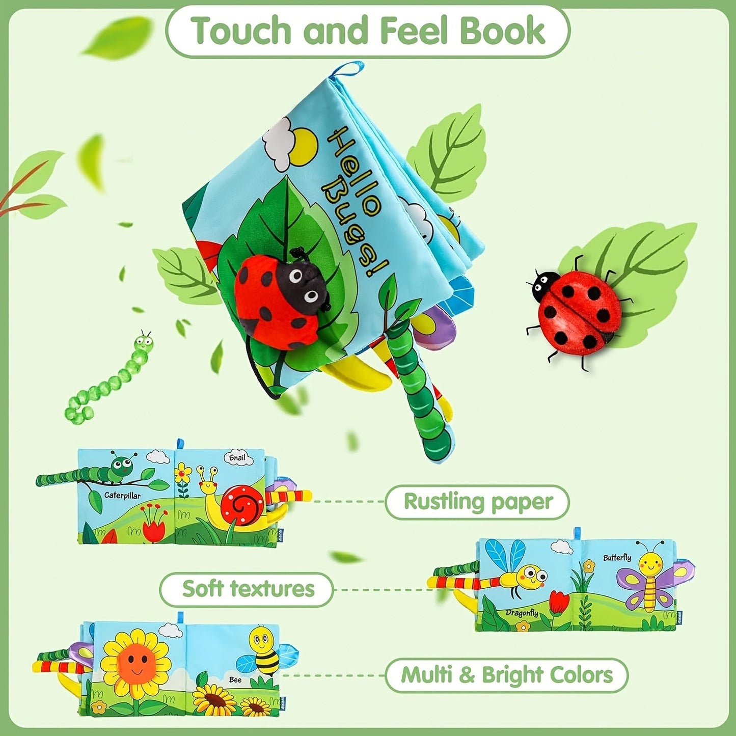 Soft crinkle books with 3D touch and high contrast colors for early education, along with shark tails teething toys and teether ring. A perfect gift for toddlers in random colors.