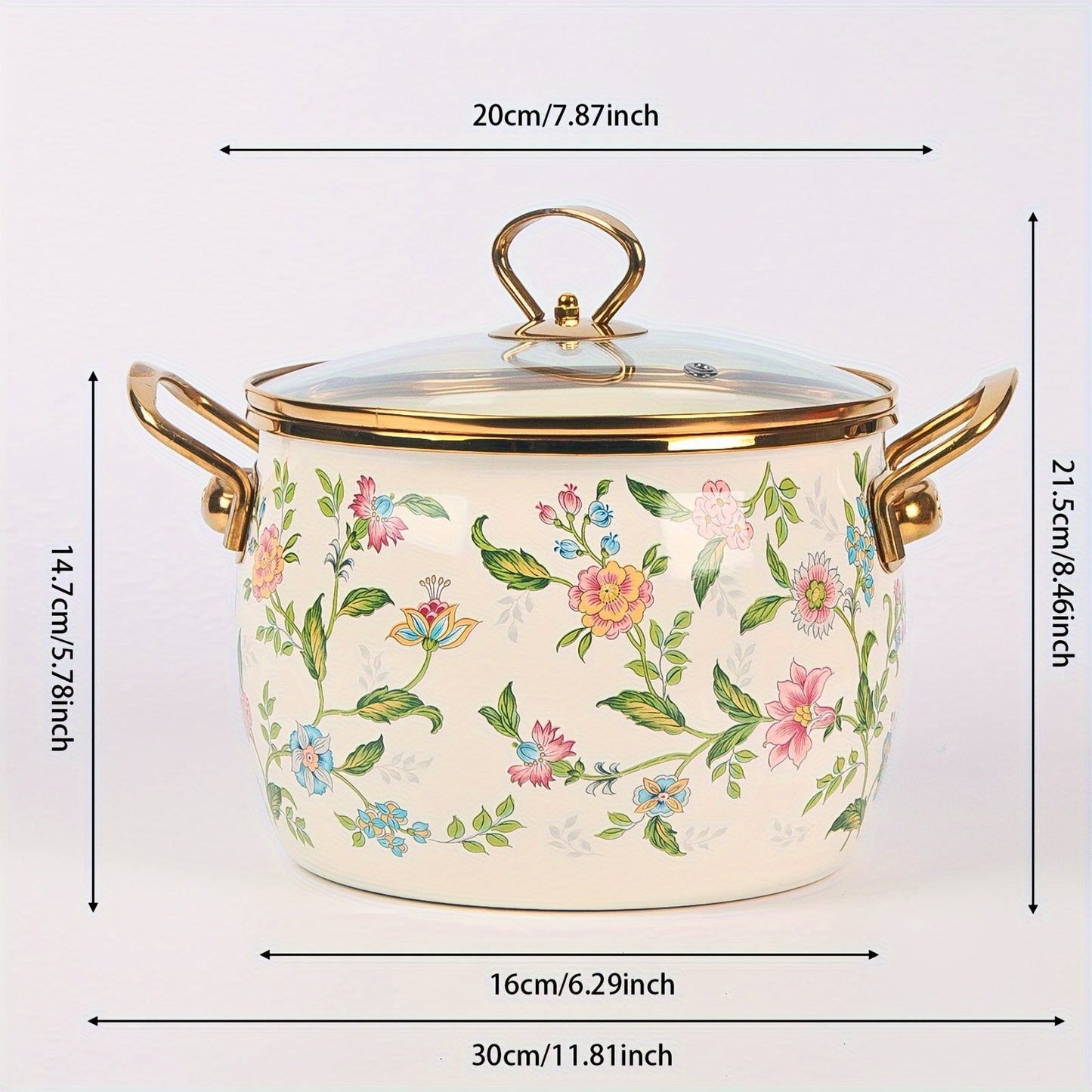 Large capacity enamel saucepan with glass lid and floral design is a non-stick, dishwasher-safe kitchen cookware with double handles. This soup pot features a golden handle for added style and convenience.