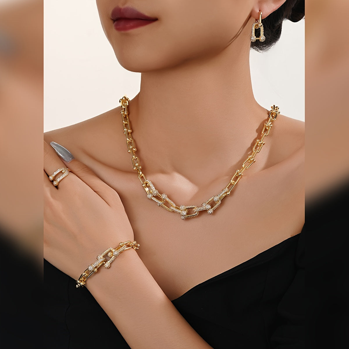 A set of four pieces of trendy European and American luxury zirconia jewelry, perfect for weddings, engagements, daily wear, holidays, social gatherings, and couple gifts. This elegant and durable set is hypoallergenic and ideal for summer.