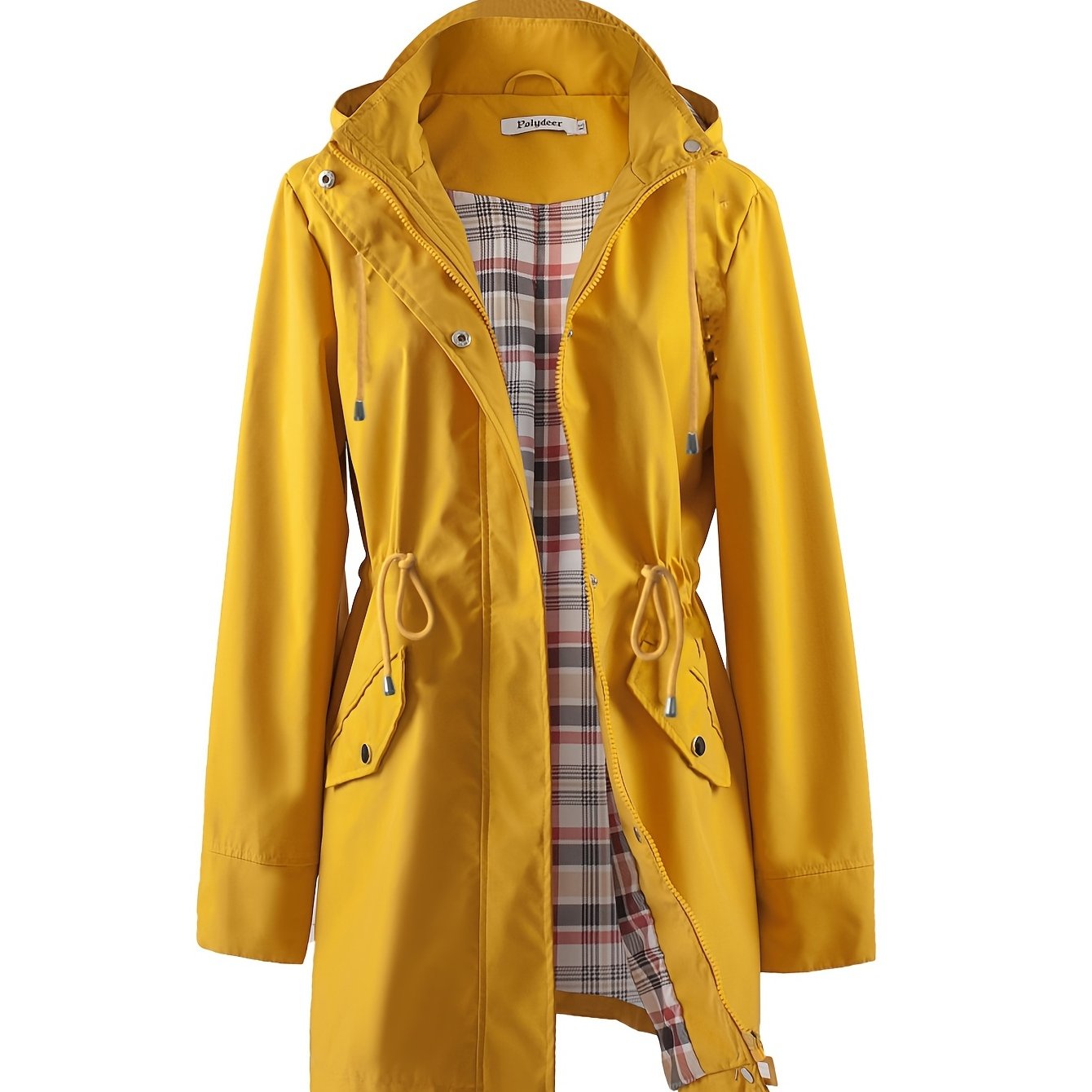 POLYDEER Women's Elegant Green Raincoat with Plaid Lining, Adjustable Waist & 3 Pockets - Breathable, All-Season Zip-Up Jacket.