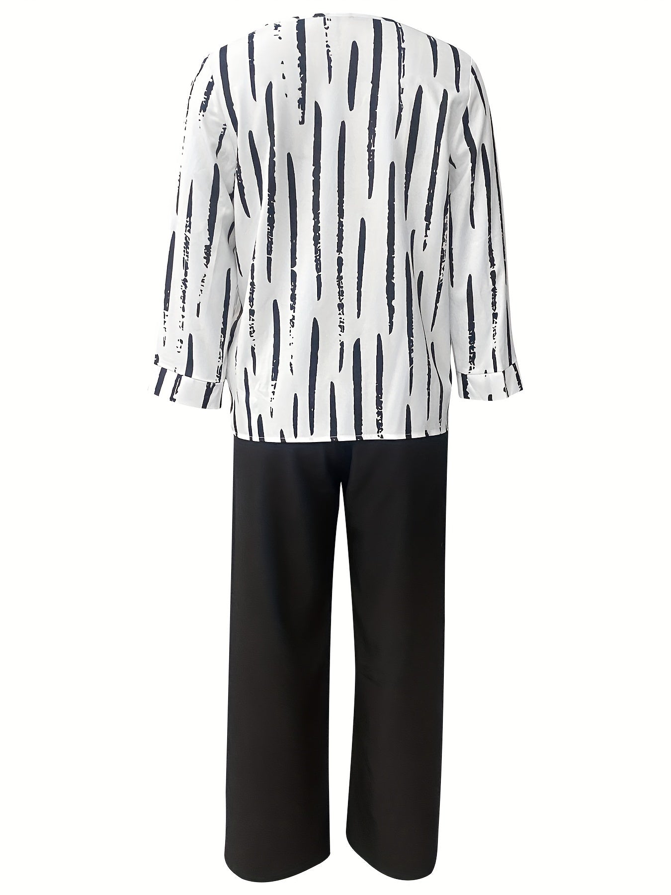 Women's Brush Print Cozy Leisure Set, including a short sleeve blouse with rolled hem and straight leg solid color pants.