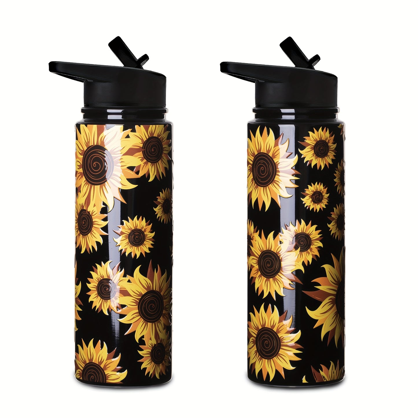 Sunflower Sports Water Bottle: 24oz stainless steel vacuum cup with 4 lids, straw, brush. Portable thermal bottle for camping, hiking, fitness. Perfect summer drinkware and travel accessory. Ideal for birthday gifts.