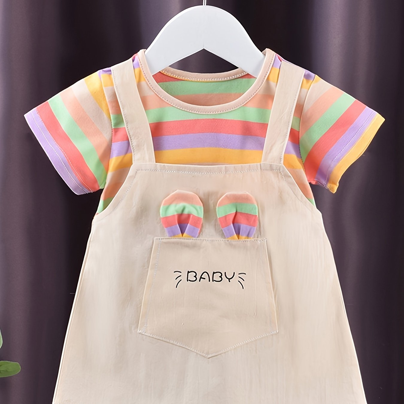 Baby summer cotton dress with striped short sleeves, faux two-piece design, knit fabric with stretch, regular fit for spring/summer.