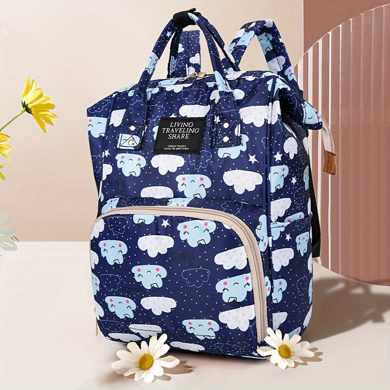 1 Oxford material diaper bag with adjustable shoulder straps, waterproof and stain-resistant, zip closure, polyester lining, cartoon and letter print design for outings.