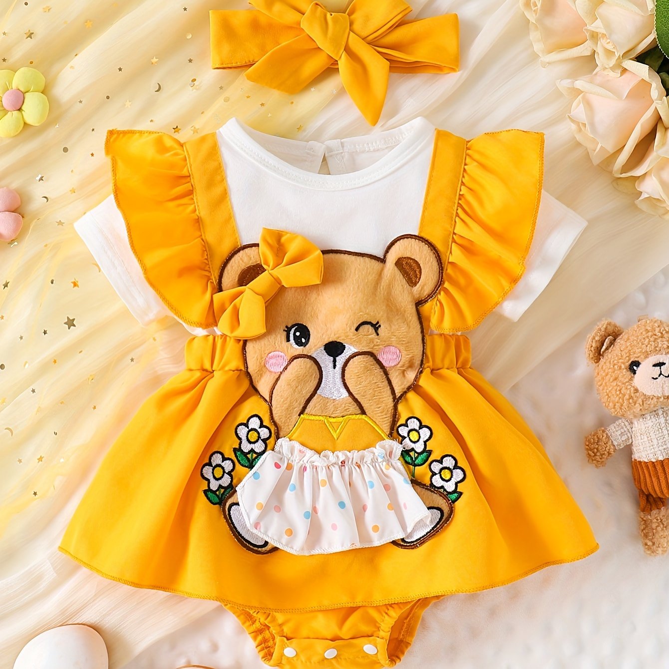 Adorable summer romper for baby girls with bow and bear embroidery, ideal for newborns and outdoor wear