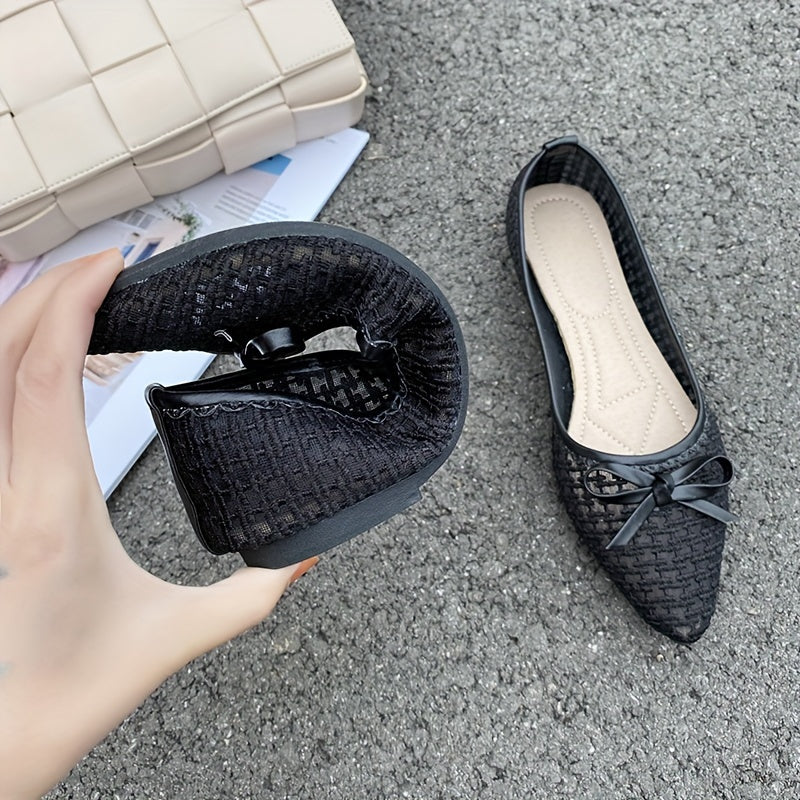 Stylish mesh flats with bowknot for women - lightweight, slip-on, pointed toe shoes for all seasons.