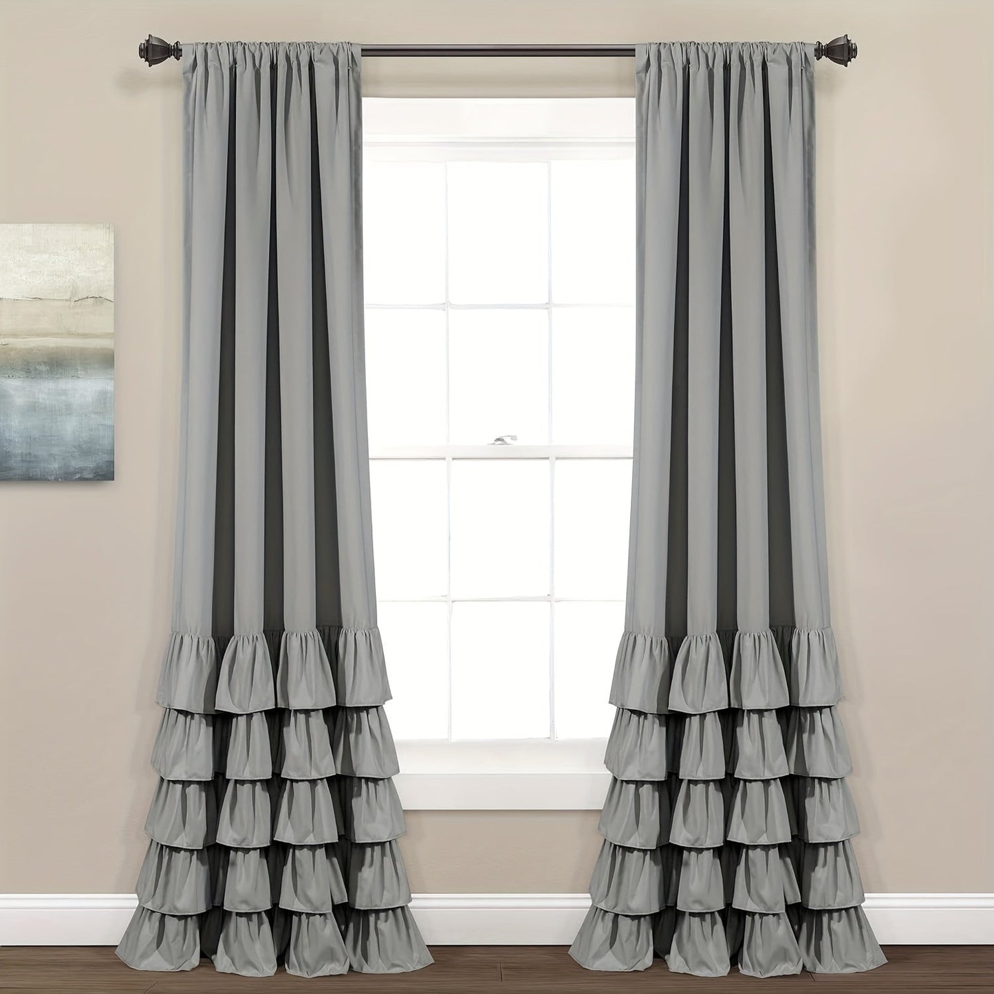 Two heavy-duty pleated lace window curtains for living room decoration. Each curtain measures 132.08cm wide by 213.36cm tall.