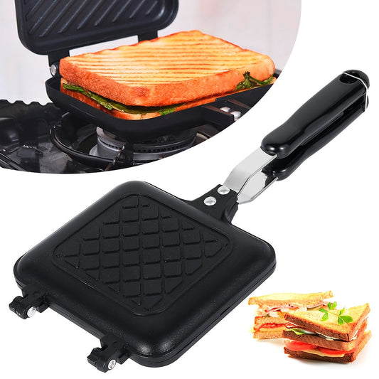 Double sided bread frying pan with non-stick surface and a barbecue plate. This versatile kitchen tool can be used as a sandwich toaster, mold, toastie maker, and waffle maker. It is heat-resistant and perfect for various purposes in the kitchen, school