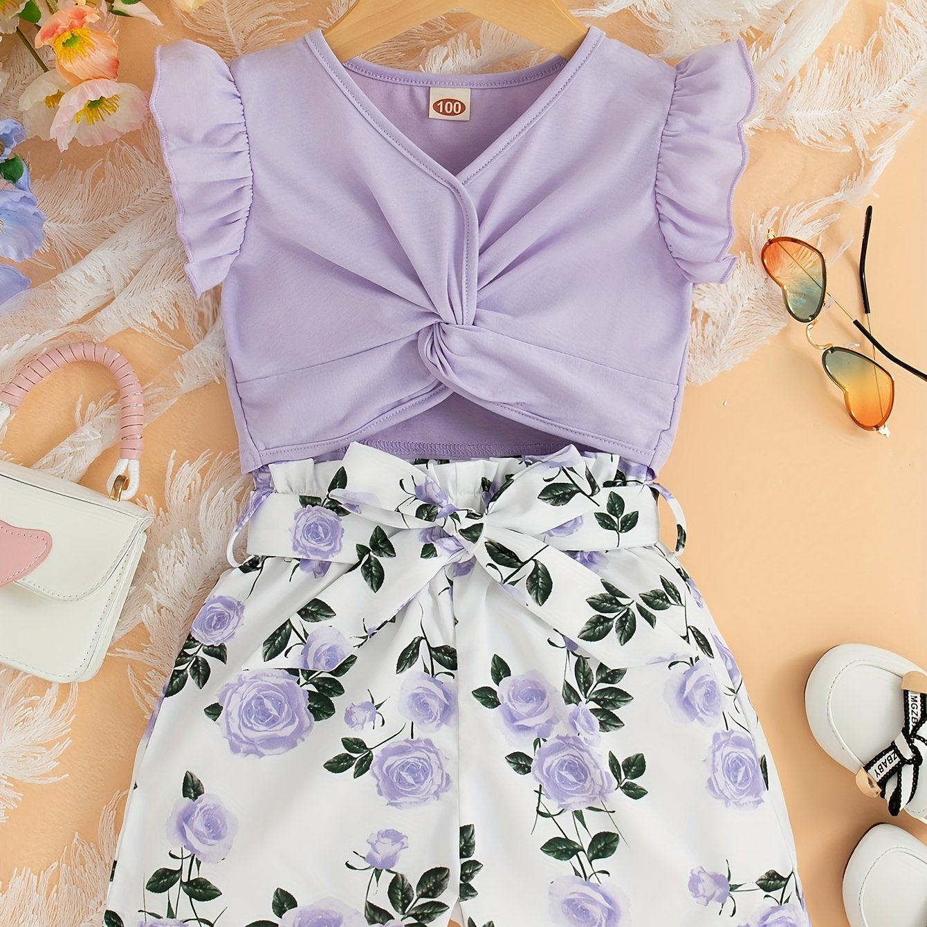 Girls' summer casual outfit with lace sleeveless top and printed flower shorts with belt.