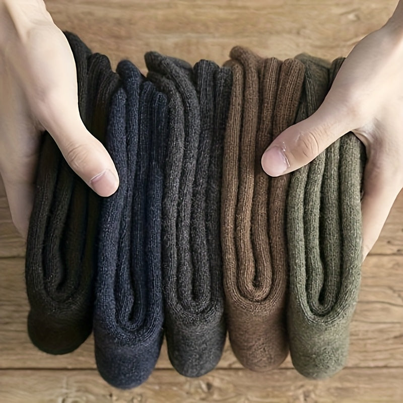 Set of 3/5 Men's Thickened Warm Mid-Calf Socks in Solid Colors for Autumn and Winter Comfort