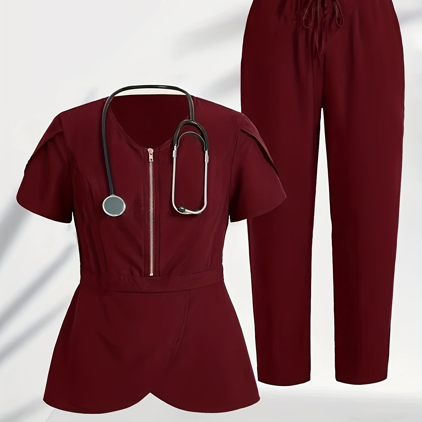 Women's solid color polyester scrub set with collarless design, short petal sleeves, slight stretch fabric, and zipper detail. Perfect for all-season medical nursing uniforms.