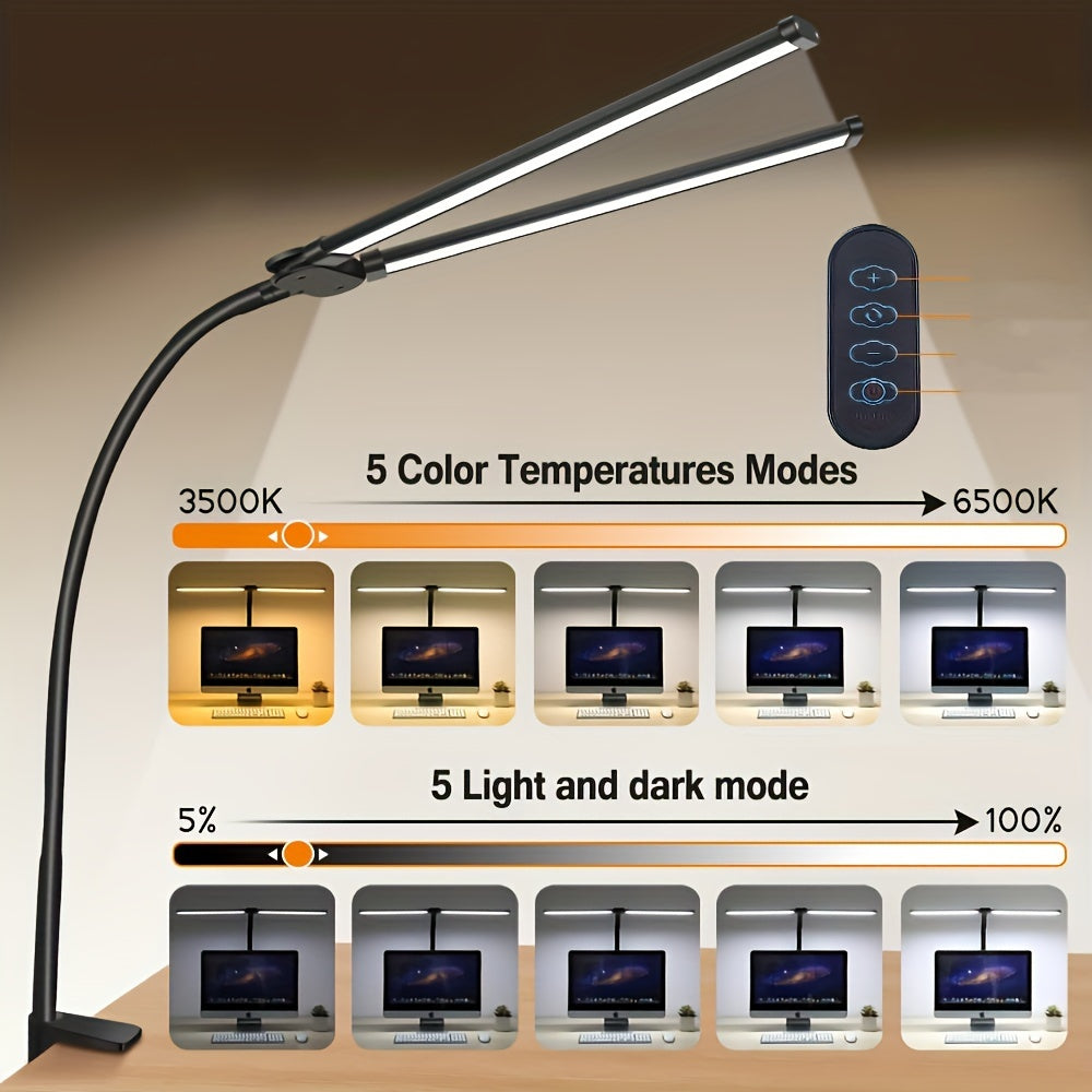 Dual LED Desk Lamp with Clamp - 3 Modes, 10 Brightness Levels, Flexible Gooseneck & Swing Arm, USB Powered. Ideal for Reading, Studying, Office Work, Task Lighting.