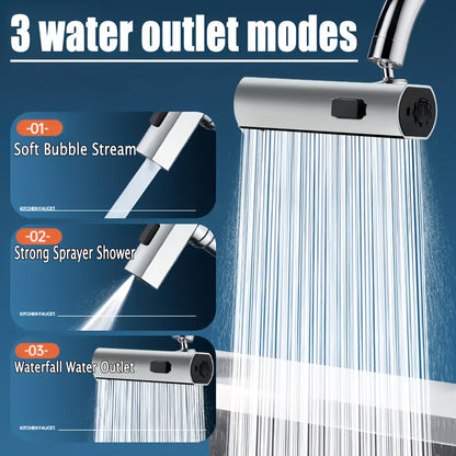 This product is a versatile 3-way water outlet faucet adapter made of durable ABS material. It is easy to install and does not require any electricity. Perfect for use in the bathroom as a sink accessory, this multi-functional dispenser offers