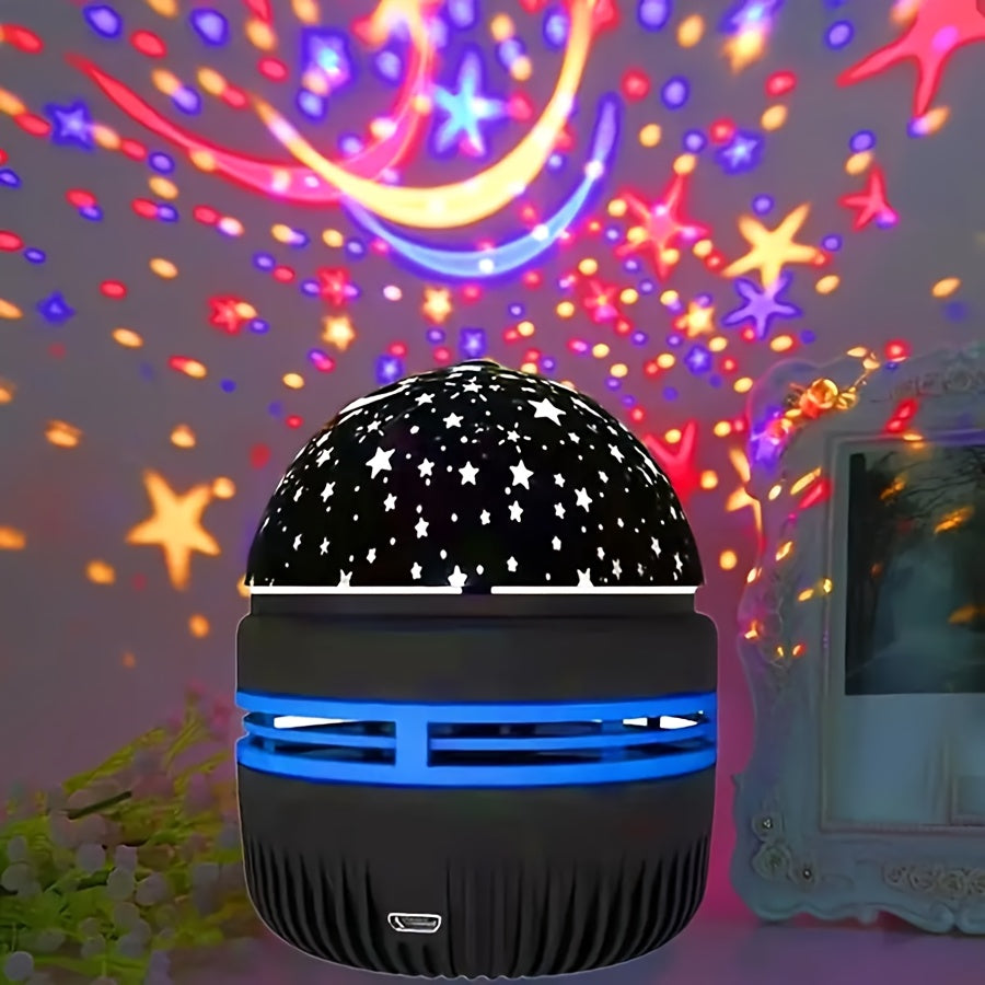 USB-powered LED night light rotates projections of stars and moons. Features independent stand and plastic disco ball design. Suitable for bedroom ambiance, home theater decor, party favors, Halloween, Christmas. No battery needed.