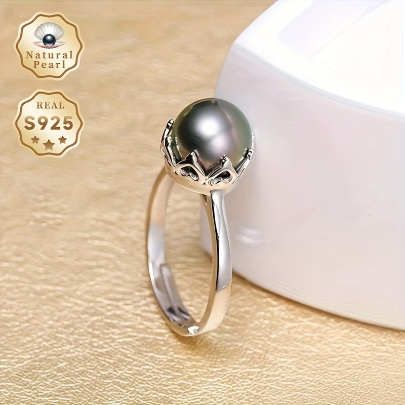 Dainty Vintage Style 925 Sterling Silver Cuff Ring featuring a Natural Saltwater Black Pearl, Adjustable Band, June Birthstone, Perfect for Everyday Wear and Gifting