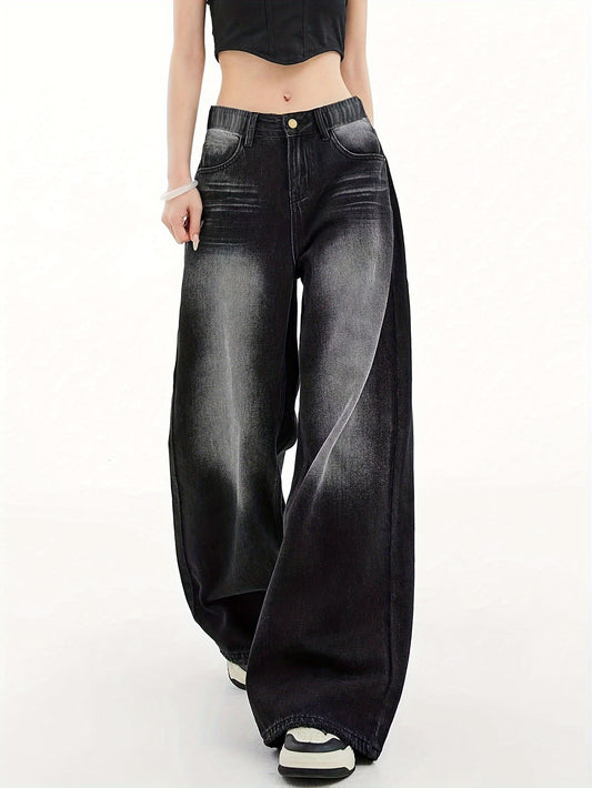 Chic black washed denim pants for girls, slim and straight-legged, perfect for casual and versatile styling.