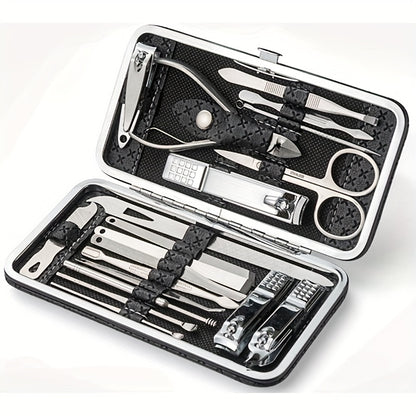 Manicure and pedicure set with nail clippers, files, ear spoon, and portable case for nail care at home or on-the-go.